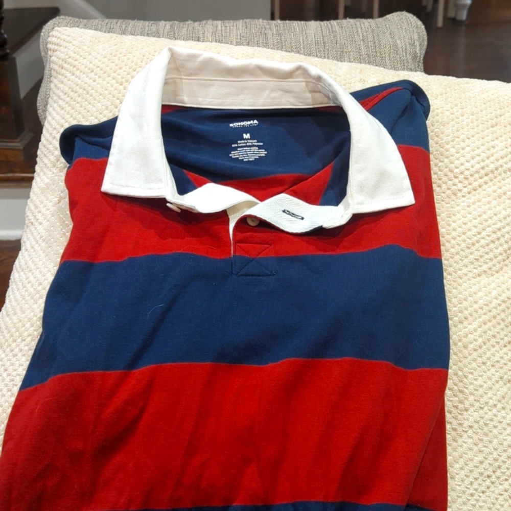 Sonoma Red Blue Striped Long Sleeve Rugby Polo Mens Sz M